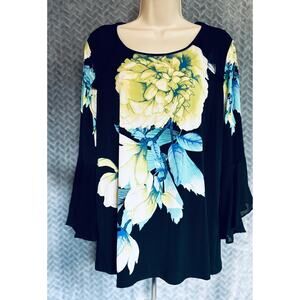 Susan Graver Liquid Knit Black/Lime/Aqua Floral Print Top Sheer Bell Sleeve Sz L